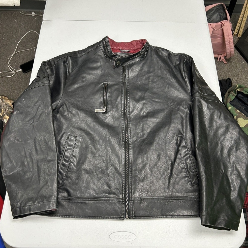 Brave Soul Biker Faux Leather Jacket Mens XL Black Quilted Red Lining Moto Racer